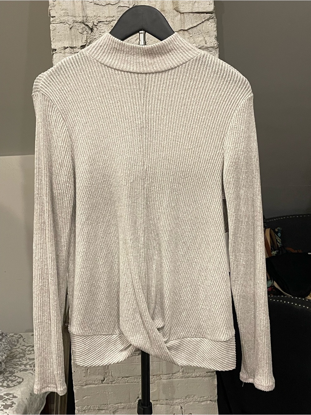 Nine West Ivory Ribbed Mock Neck Twist-Hem Sweater